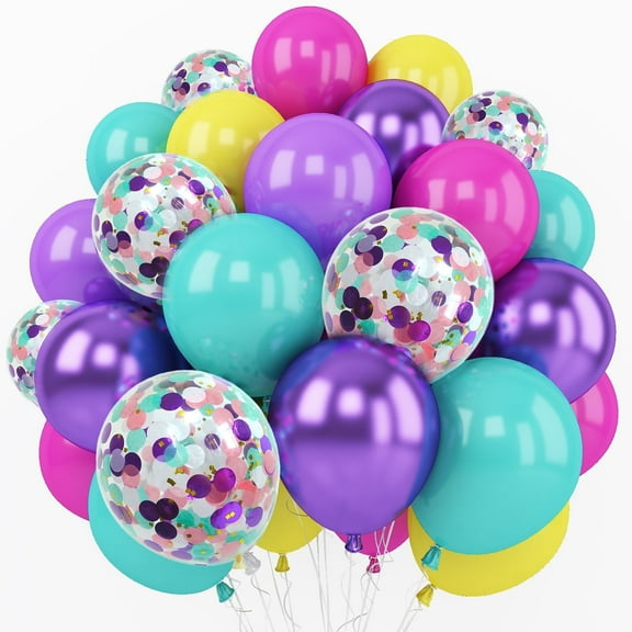 Pink Blue Purple Balloons, 60 Pcs 12 Inch Hot Pink Metallic Purple Teal Yellow Balloons Confetti Balloons for Girls Baby Shower Birthday Engagement Party Decorations