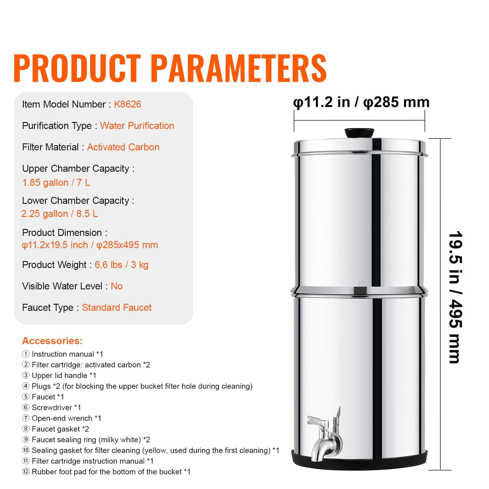 Gravity Fed Water Filter System 2.25 Gal, SUS304 Stainless Steel, Coconut Activated Carbon, 6000 Gallon Capacity, for Camping Off-Grid