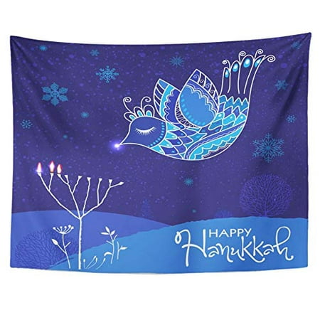 UFAEZU Beautiful Blue Ornate Bird Lightening Menorah Candle Happy Hanukkah Holidays Wall Art Hanging Tapestry Home Decor for Living Room Bedroom Dorm 60x80 inch