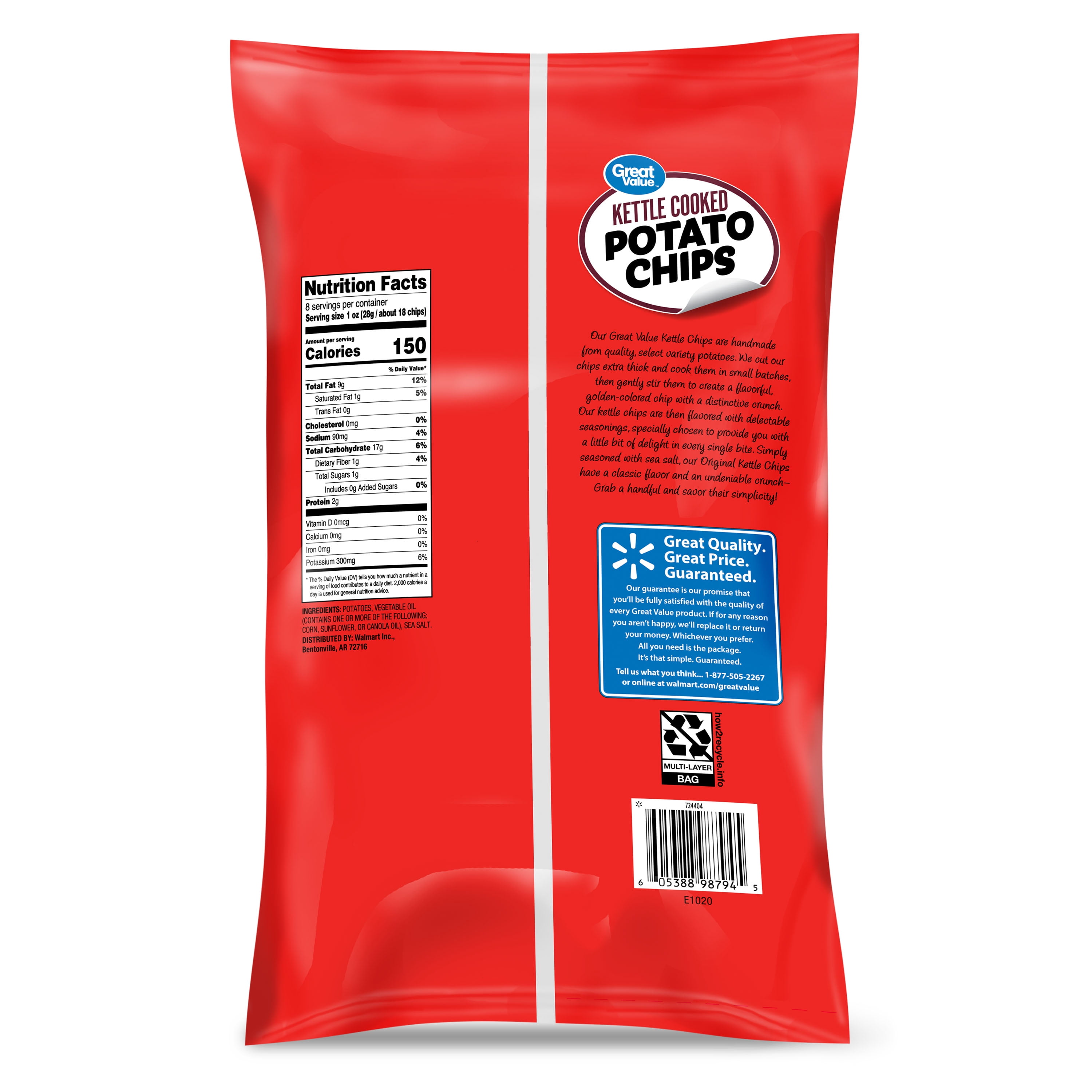 Great Value Kettle Cooked Original Potato Chips, 8 oz