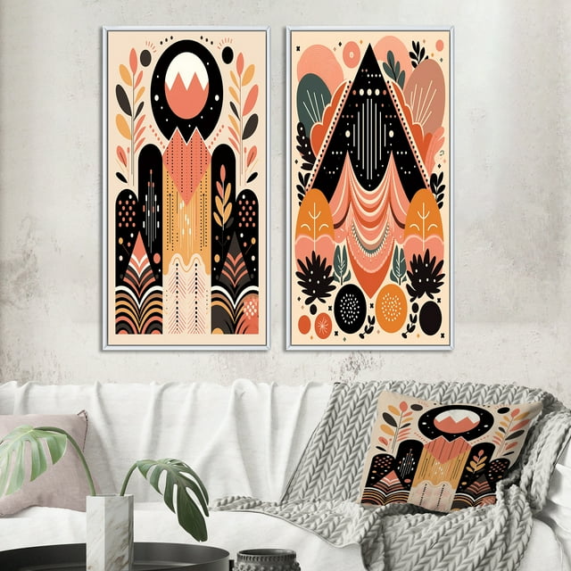 Designart "Retro Pink Bohemian Tribal Geometry IV" Modern Geometric Framed Wall Art Set Of 2 - Modern Pink Gallery Wall Frame Set For Home Decor