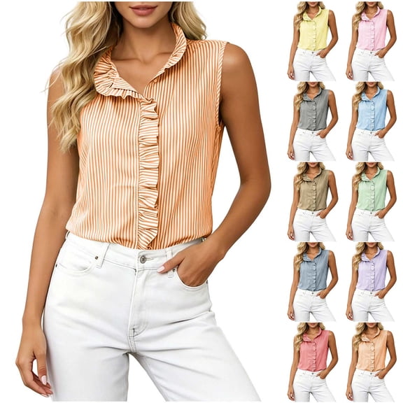 Feancey Sleeveless Work Shirts for Women Ruffled Trim Stand Collar Summer Tank Tops Lightweight Loose Fit Casual Blouses Dressy Trendy Going Out Tank Top Khaki S