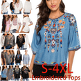thumbnail image 2 of Higustar Embroidered Tops for Women Plus Size 3/4 Sleeve Tunic Tops Mexican V Neck Peasant Cotton Rayon Blouses Maxi Vintage Boho Bohemian Casual Loose Clothes-Blue/162-BLUE-162-L, 2 of 6