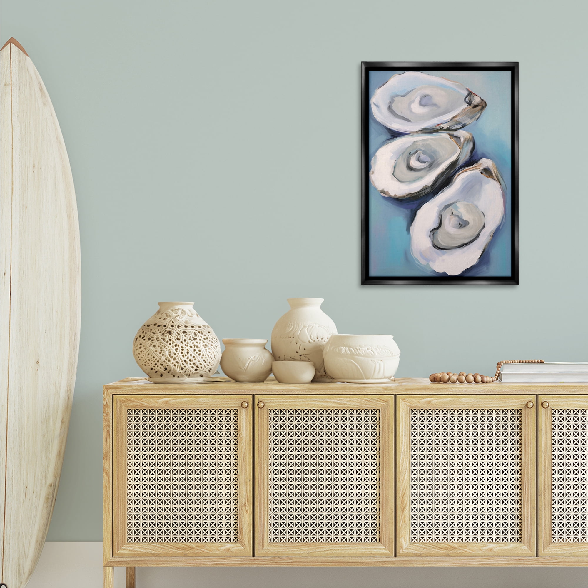 Stupell Industries Oyster Seashell Trio Animals & Insects Painting Black Floater Framed Canvas Art Print Wall Art, 21 x 31