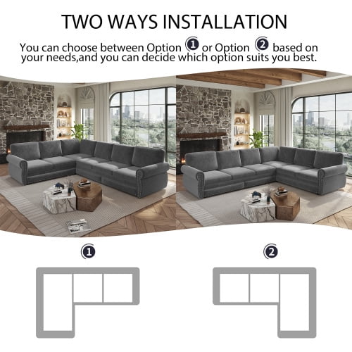 118" L-Shaped Sectional Sleeper Sofa with King Size Pull-Out Bed, Chenille Upholstered, Nailhead Trim & Rolled Arms, Grey