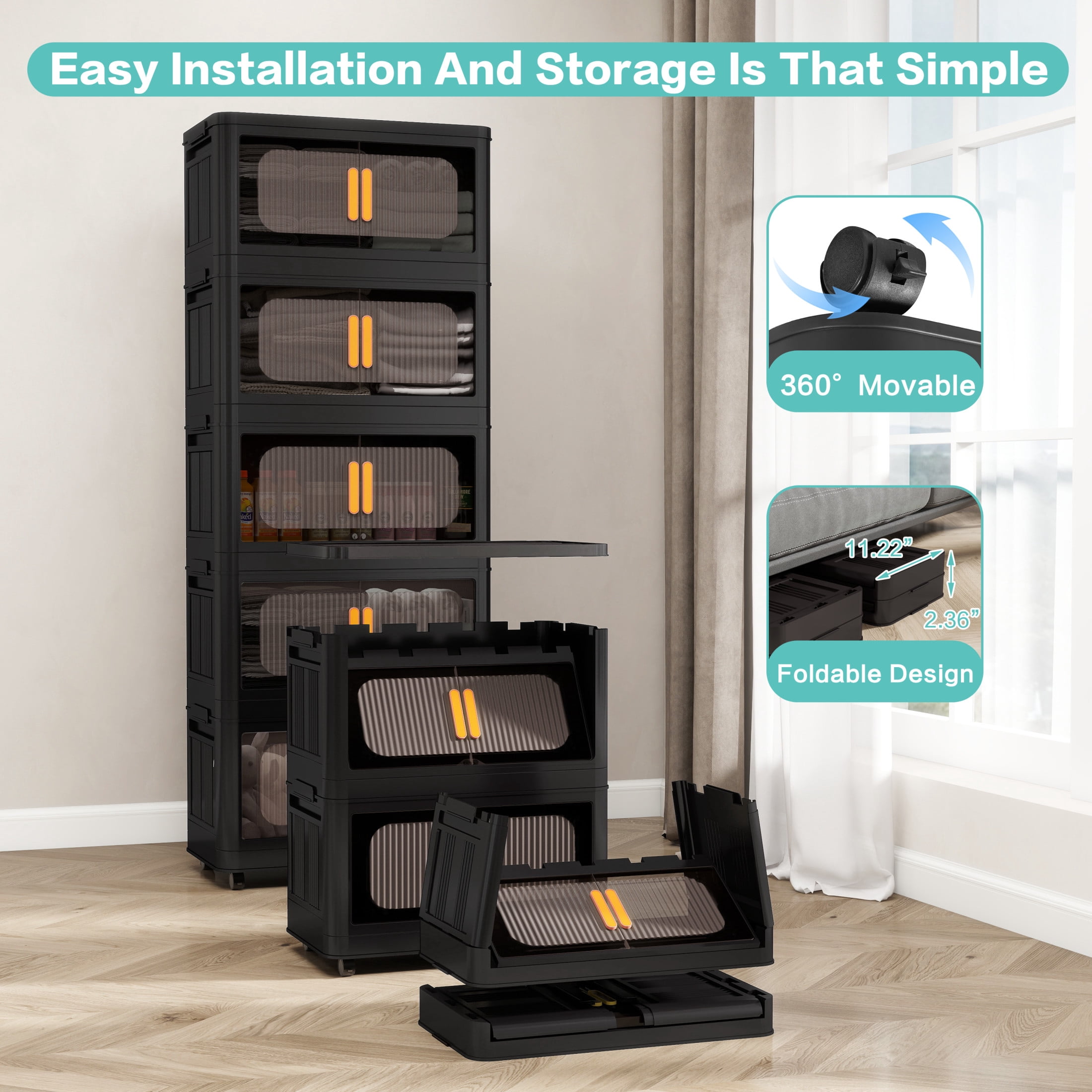 Noble House Arley 20" Folding Storage Cabinet, 4-Tier Plastic Organizer with Magnetic Doors and Wheels, Black