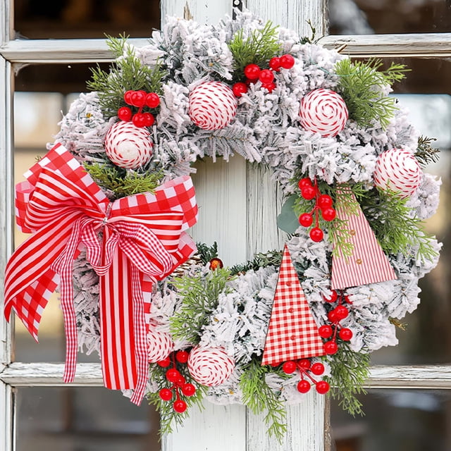Adornos navideños, regalos navideños, bolas navideñas, piñas de terciopelo, lazos, bayas rojas, círculos, guirnalda de flores, decoración colgante, corona de plástico.