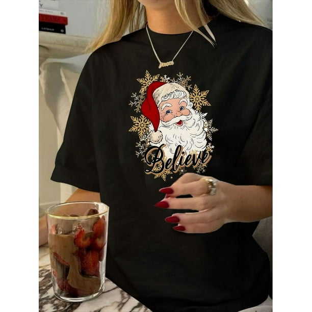 Christmas Santa Claus Print Casual T-Shirt, Round Neck Short Sleeves Stretchy Sports Tee, Women's Activewear