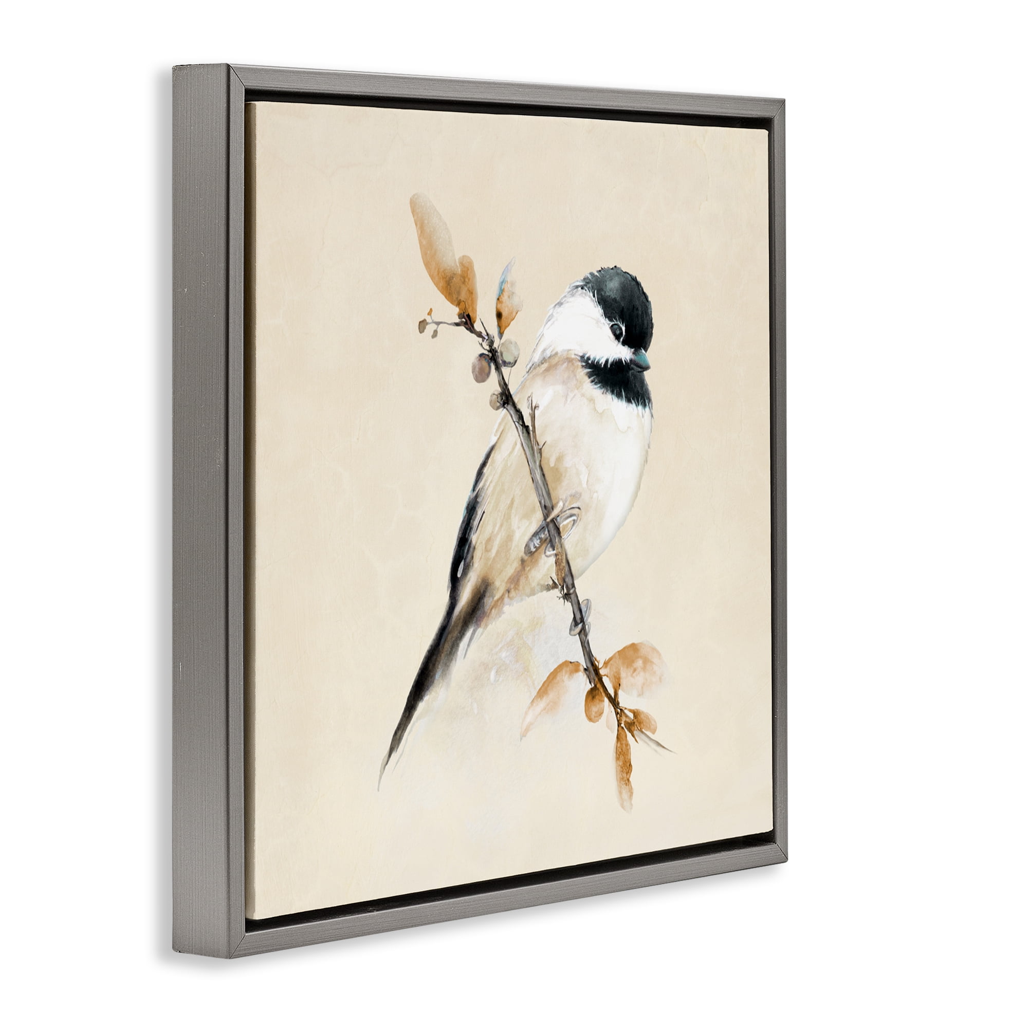 Stupell Industries Muted Watercolor Chickadee Gray Framed Floater Canvas Wall Art, design by Diannart
