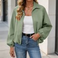 thumbnail image 2 of Xinoom Women Zip Up Cropped Bomber Jacket, Point Collar Long Sleeve Balloon Cuffs Loose Casual Outer Coat, Lightweight Streetwear Outerwear Green,L, 2 of 7