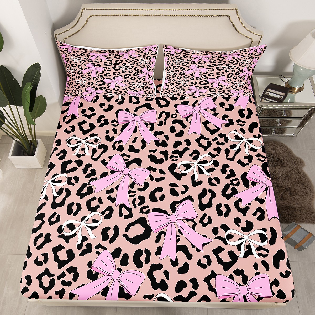 Homewish Cute Cartoon Bowtie Queen Sheet Sets,Leopard Print Flat Sheet,Brown Pink Queen Fitted Sheet For Girls,Microfiber Bedroom Decor,4 Pieces