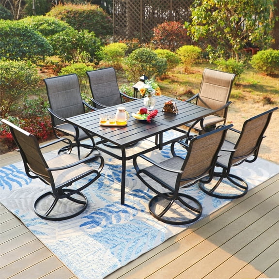 MF Studio 7-Piece Patio Dining Set with 6 High-Back Swivel Padded Sling Chairs & Rectangular Table, Black & Gray-Brown