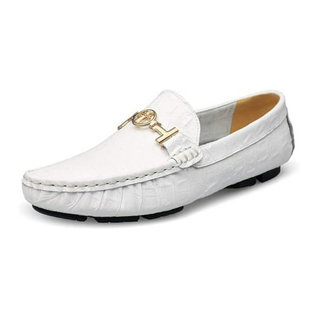 Mens Leather Loafers Slip-Ons Casual Driving Flat Walking Moccasin Business Boat Shoes Fashion Slipper Wedding 9.5 White