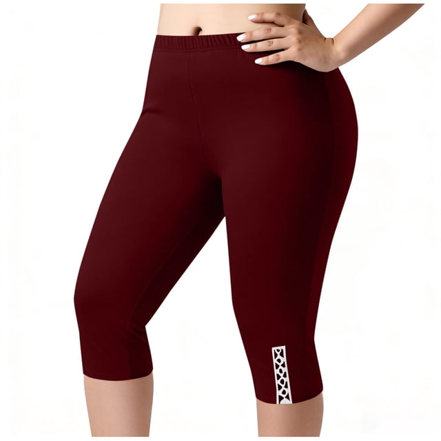 Plus Size Yoga Pants for Women Capri Length with Pockets Elastic Waist Solid Color Polyester 1Pc