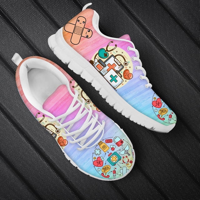 Doginthehole - Zapatos para caminar para mujer, bonitos botiquines con estampado de enfermería, zapatillas de deporte para exteriores, informales, con cordones, zapatos planos