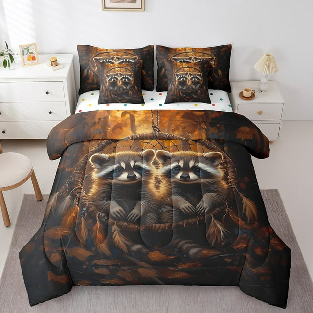 Raccoon Ensemble de Literie Tout-en-un Grand Lit 7 Pcs, Ensemble de Draps Attrape-Rêves avec Couette, Ensembles de Literie Boho à Plumes, Ensemble de Lit Animaux de la Forêt Décor Bohème Exotique