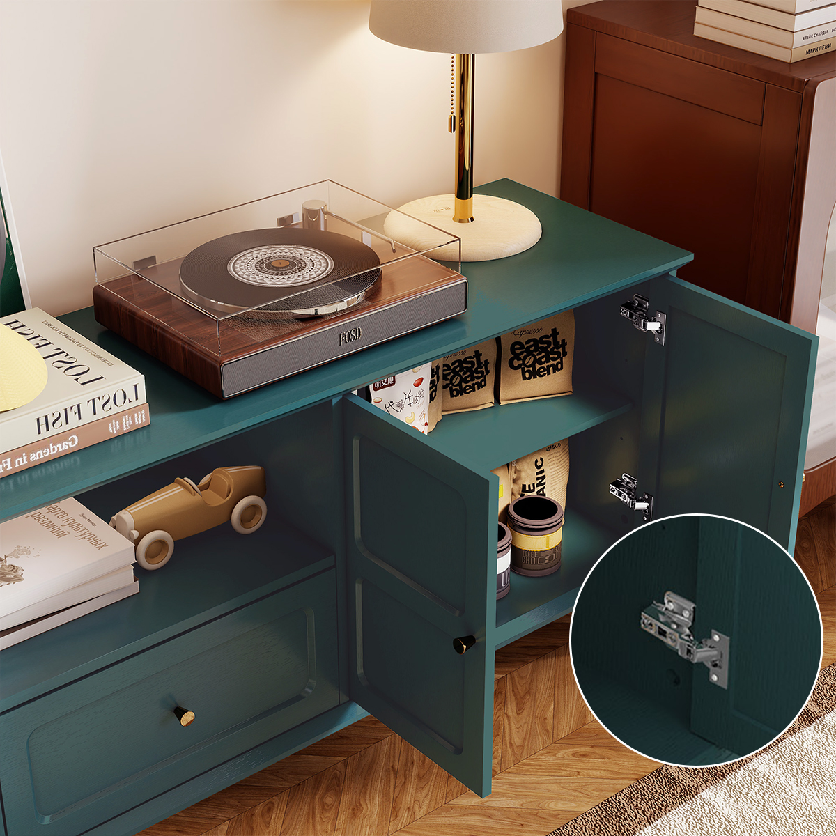 67" Mid-Century TV Stand for TVs up to 75 " , Retro Entertainment Center with Storage Cabinets and Drawers, Green