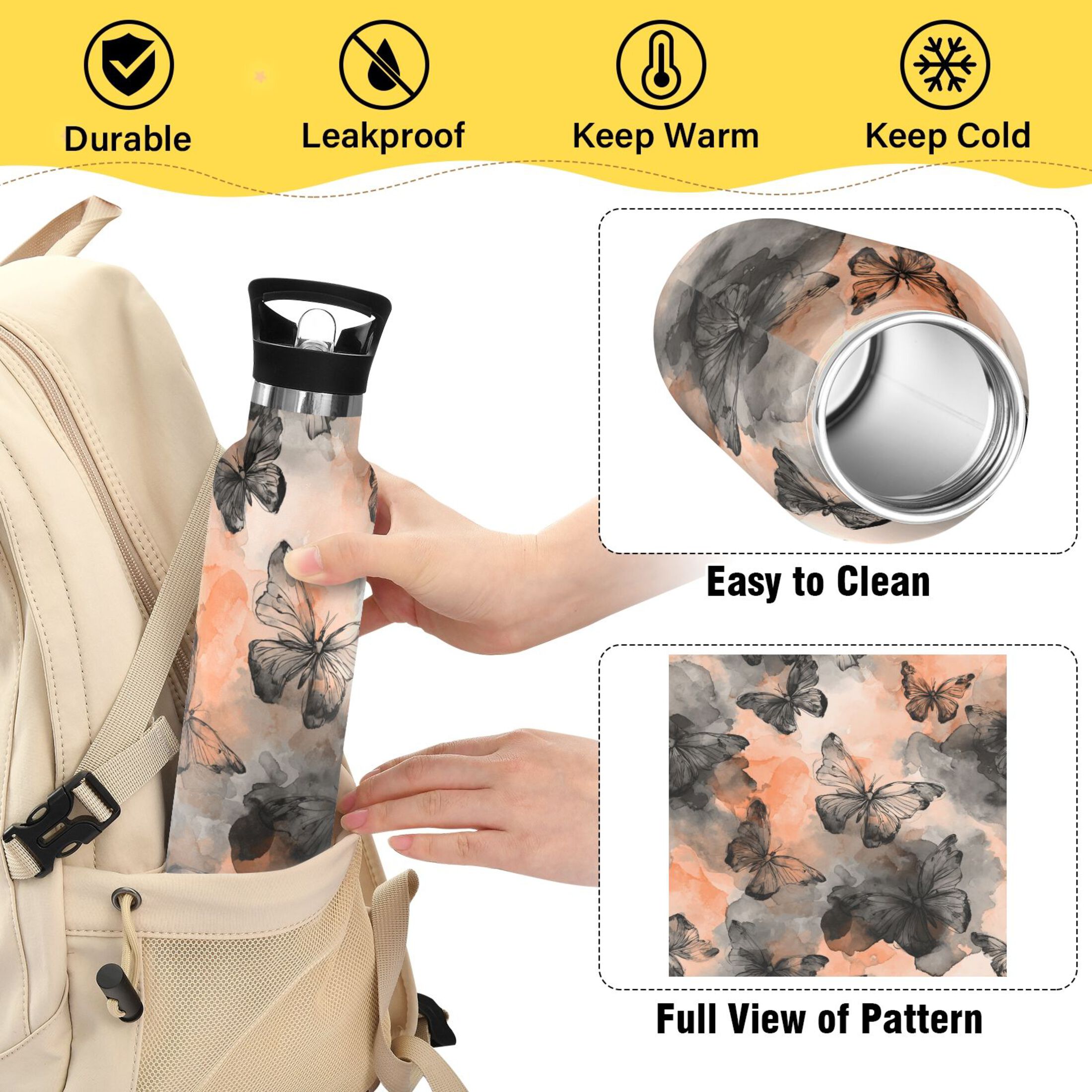600ML Stainless Steel Insulated Cup Sports Water Bottle Portable Thermos Cup Water Glasses Insulated Tumblers Convenient and Durable Gray Butterfly