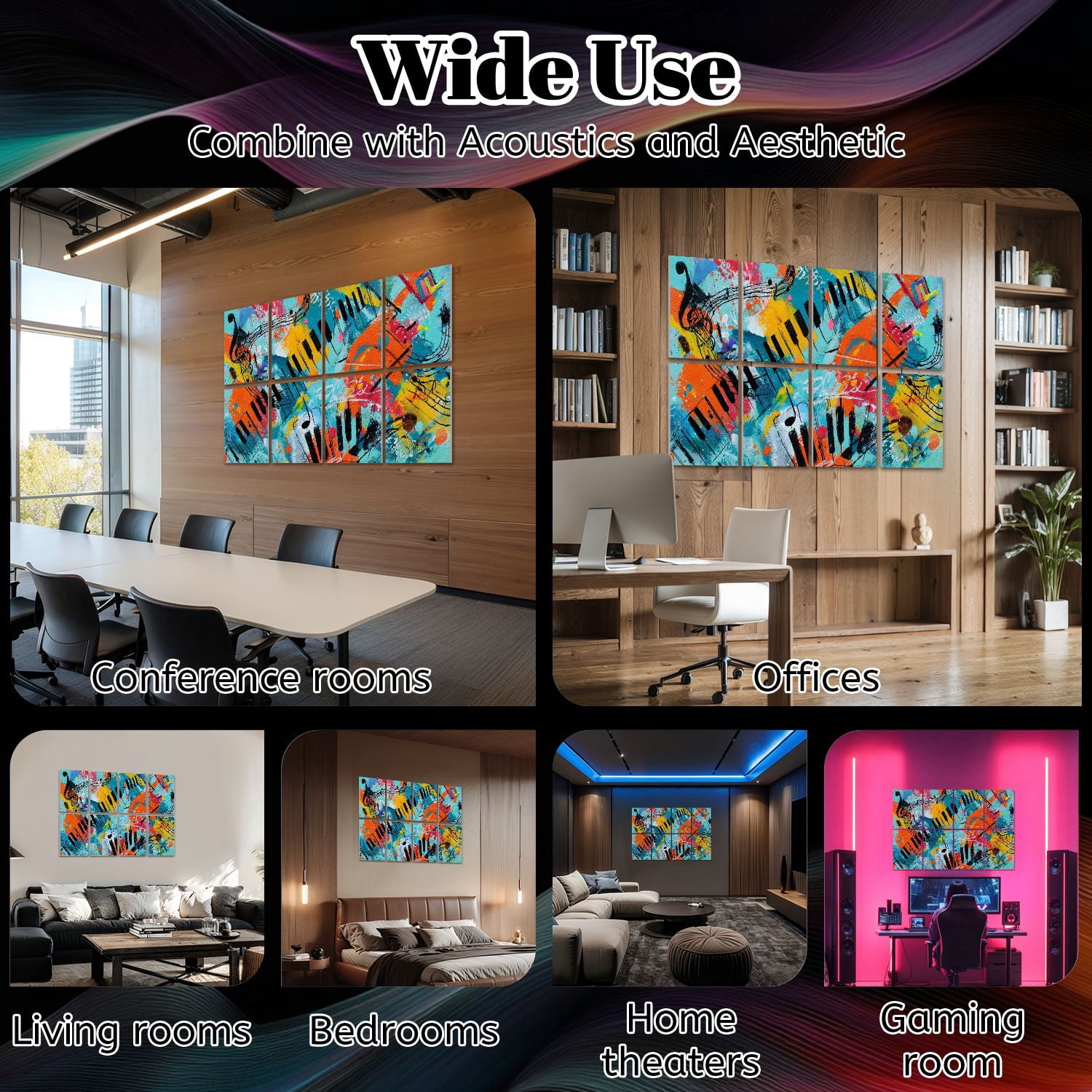 8 Pack Art Acoustic Panels Sound Absorbing Abstract Piano Keyboard Musical Notes Splash Graffiti Curved Piano Decorative Soundproof Wall Panels Self Adhesive for Nursery Game Room Bedroom 48"x32"