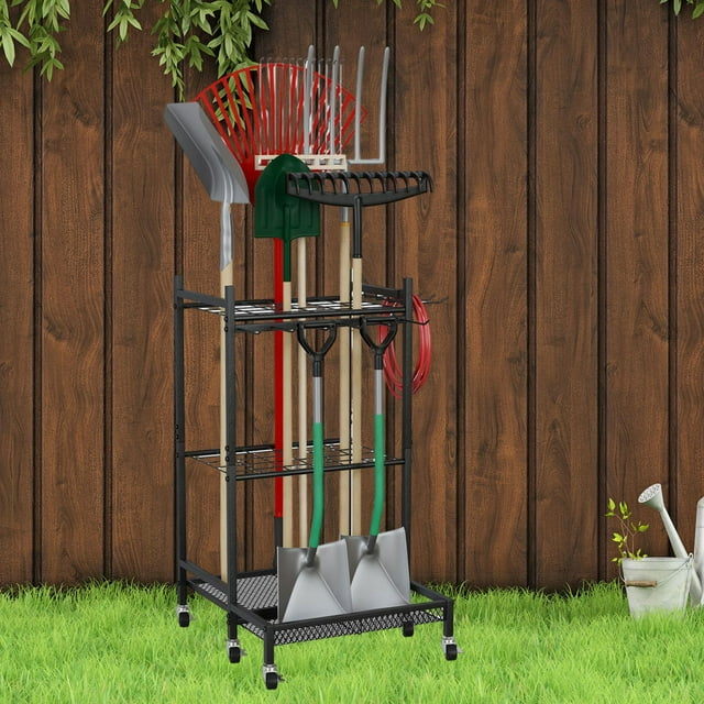 Organizador de herramientas de jardín, torre para herramientas de patio con ruedas, multiusos de 3 niveles, organizador de de garaje para artículos de