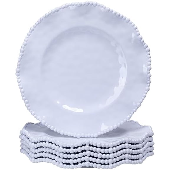 White Beaded Melamine 11 Inch Dinner Plates,Set of 6, Elegant Scalloped Pearl Serving Dishes plate, Unbreakable Dinnerware Dessert/Salad Plates, Dishwasher safe$$Home Decor, Kitchen, & Other