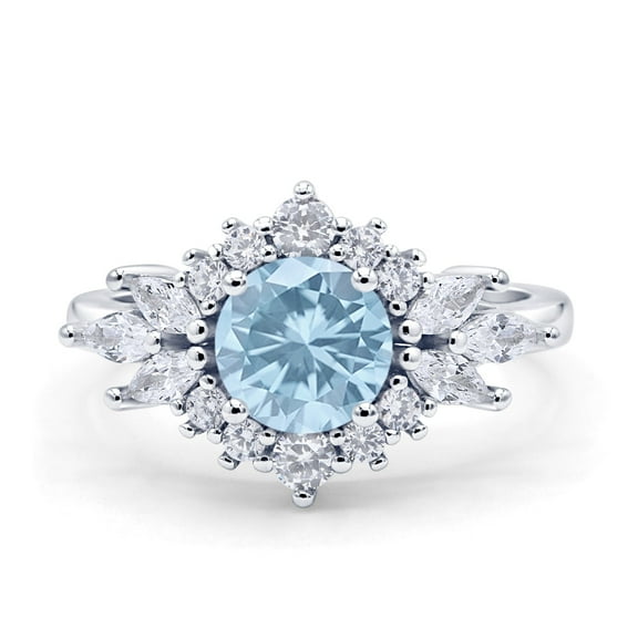 Blue Apple Jewelry Co. Art Deco Round Engagement Ring Simulated Aquamarine 925 Sterling Silver
