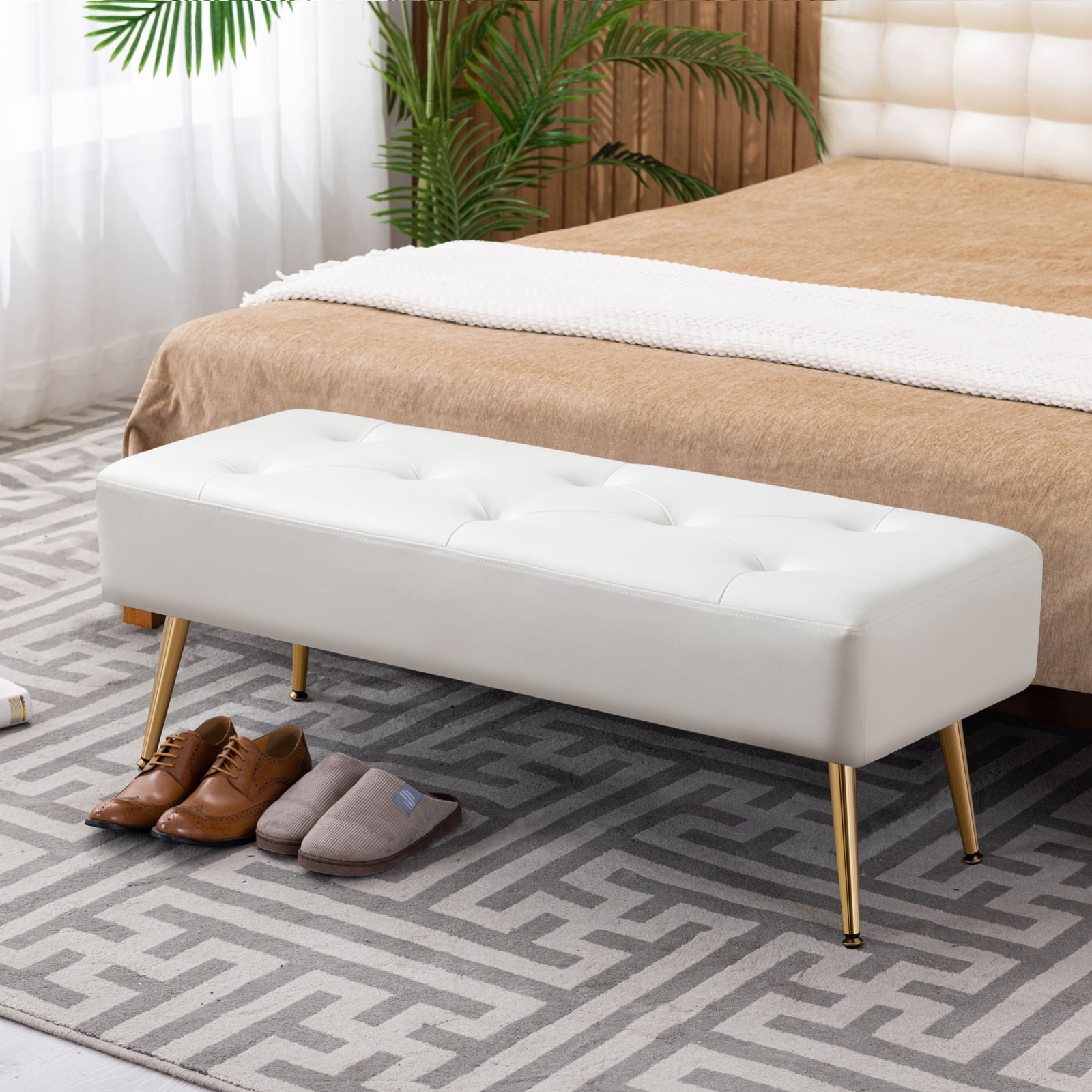 Furniliving  PU Ottoman Bench Modern Mudroom Bench Shoe Bench Upholstered Bedroom Bench,Ivory White