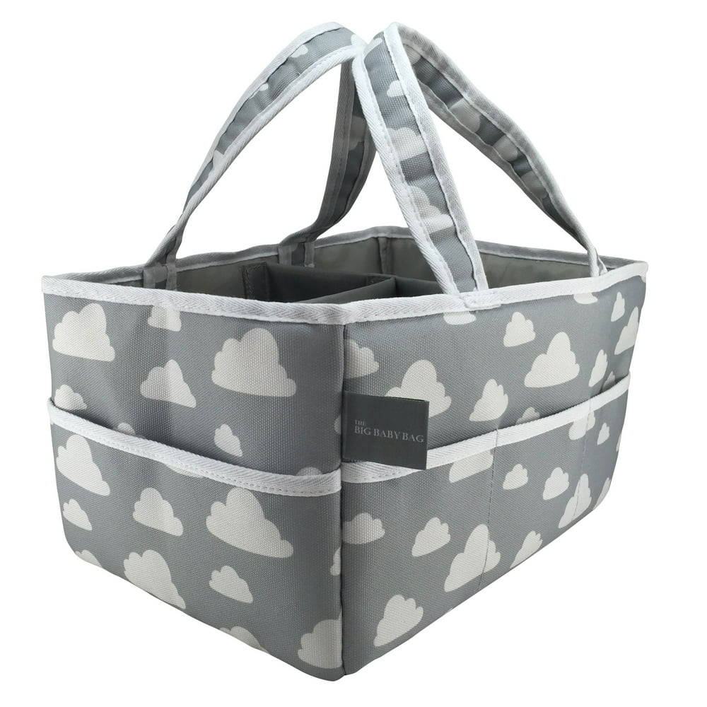 grey and white diaper bag