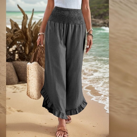 Cotton Linen Pants Women Summer Wide Leg Smocked Waist Ruffle Hem Palazzo Pants Boho Flowy Beach Vacation Pant Dark Gray 2XL