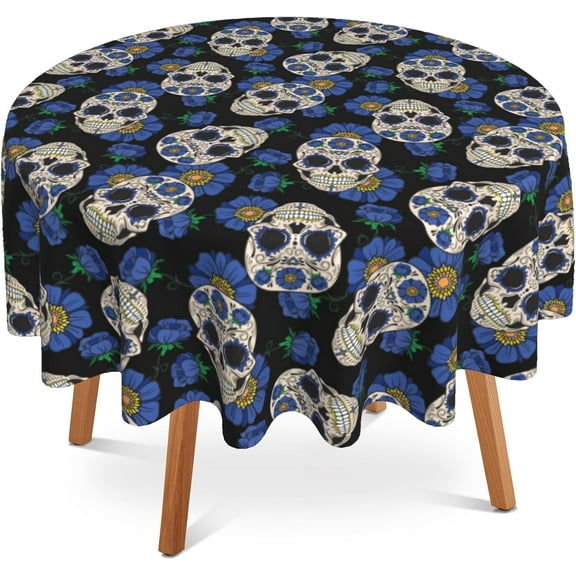 Sugar Skull Round Tablecloth 60 inch,Blue Flower Circle Table Cloth Polyester Waterproof Stain Wrinkle Free Table Cover for Home Kitchen Dining Party Pinic Patio Outdoor Decor