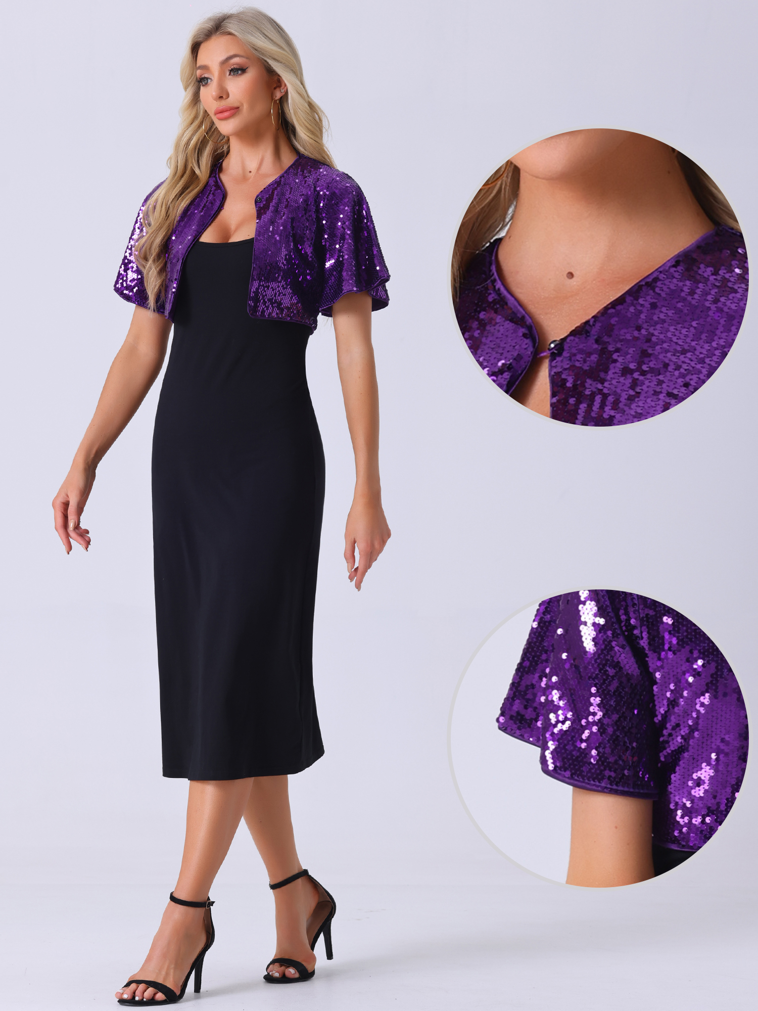 DARING DIVA Flared Sleeve Crop Shrug Bolero Glitter Jackets S Purple