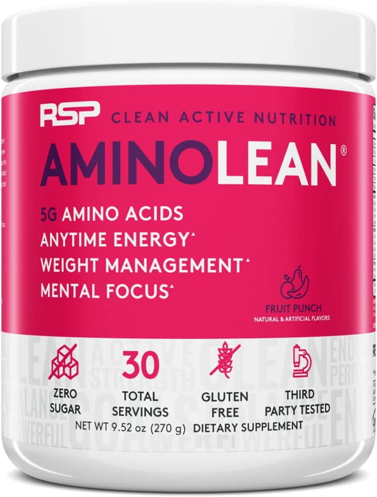 RSP Nutrition AminoLean Pre Workout Powder with BCAAs, Amino Energy for Lean Muscle, Fruit Punch Flavor, 30 Servings