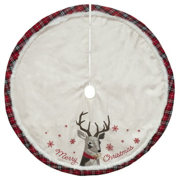 Holiday Time Ivory Linen Geometric Deer Christmas Tree Skirt, 48"