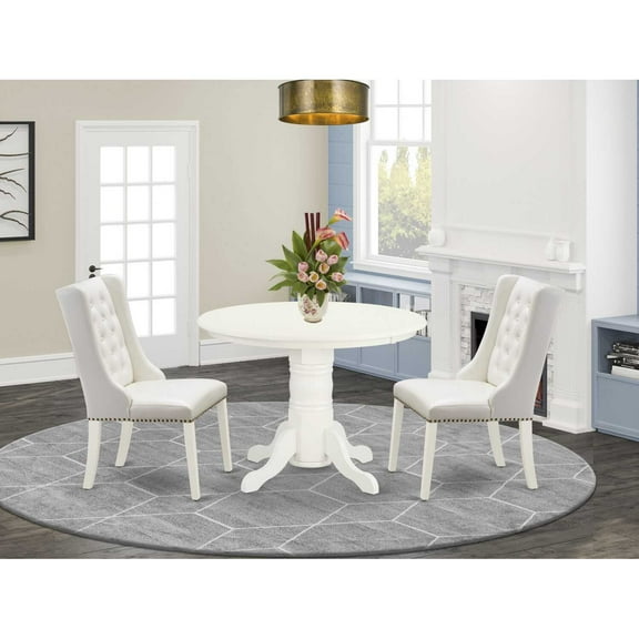 East West Furniture SHFO3-WHI-44 3-Pc Kitchen Room Table Set Includes 1 Pedestal Dining Table and 2 Light Grey Linen Fabric Mid Century Dining Chairs with Button Tufted Back - Linen White Finish