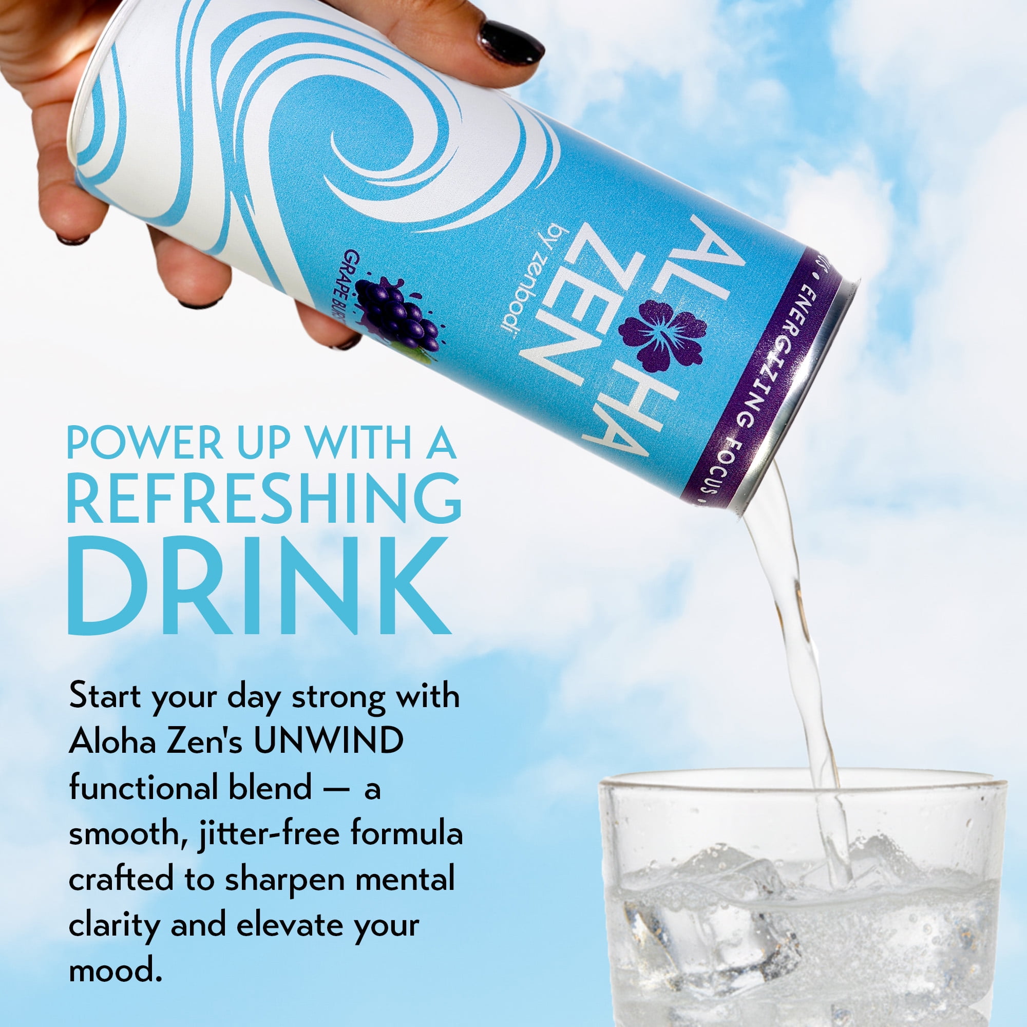 Zenbodi Aloha Zen Grape Burst - AWAKEN Functional Beverage - 12 oz (Pack of 12), No-Jitter Energy Drink, Contains L-Alpha GPC, Caffeine, and L-Theanine