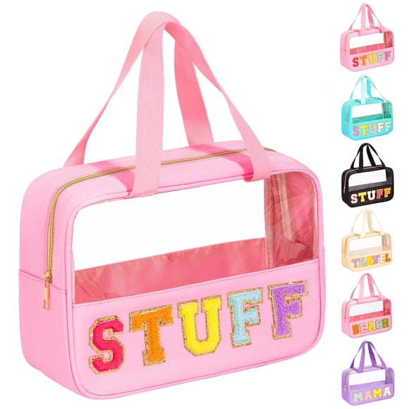 Bolsa de maquillaje Eurovicky con parche con letras de chenilla transparente e impermeable