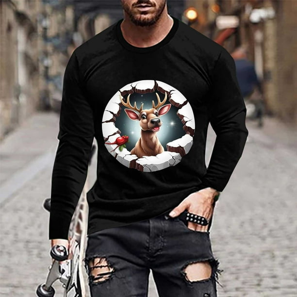 Blusas y camisas de manga larga y cuello redondo para hombre, informales, con estampado navideño, deportivas, de poliéster.