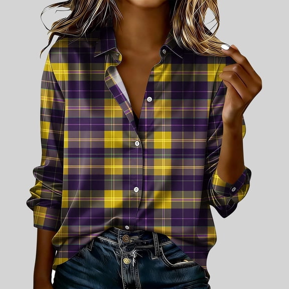 SSZMDLB Women Plaid Button Down Shirt Long Sleeve Collared Casual Basic Top Travel Vacation Outfits Work Blouse, Multicolor XL