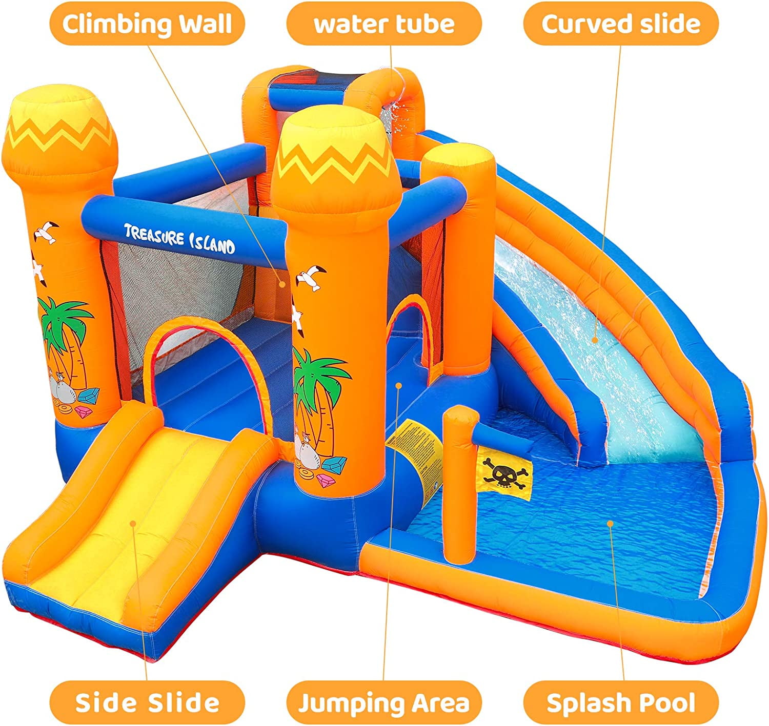 Pirecart Kids Inflatable Bounce House Backyard Water Slide Climbing Wall Splash Pool with Blower
