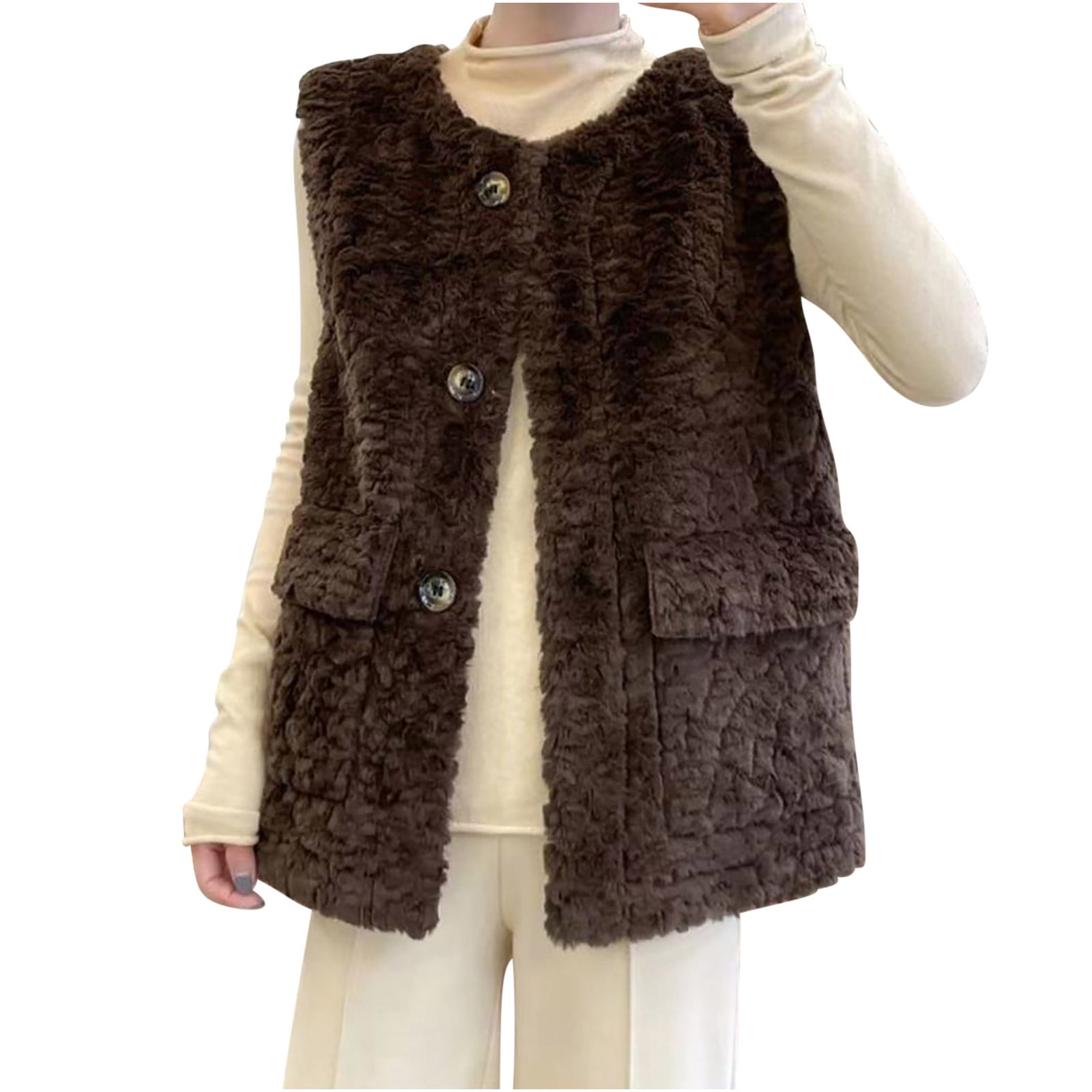 Wolfast Womens Fuzzy Fleece Vest Casual Oversized Warm Button Down Sherpa Vest Jacket with Pockets Coffee M