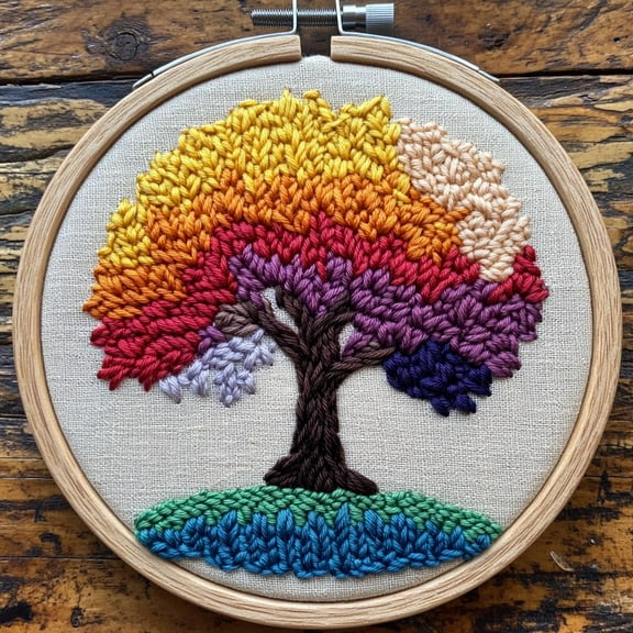Punch Needle kits Abstract Colorful Tree Easy for Beginners DIY Punch Needle Yarn Starter Embroidery Set for Craft lovers with Printed Pattern and Hoop for Home Decor 20x20cm(1)