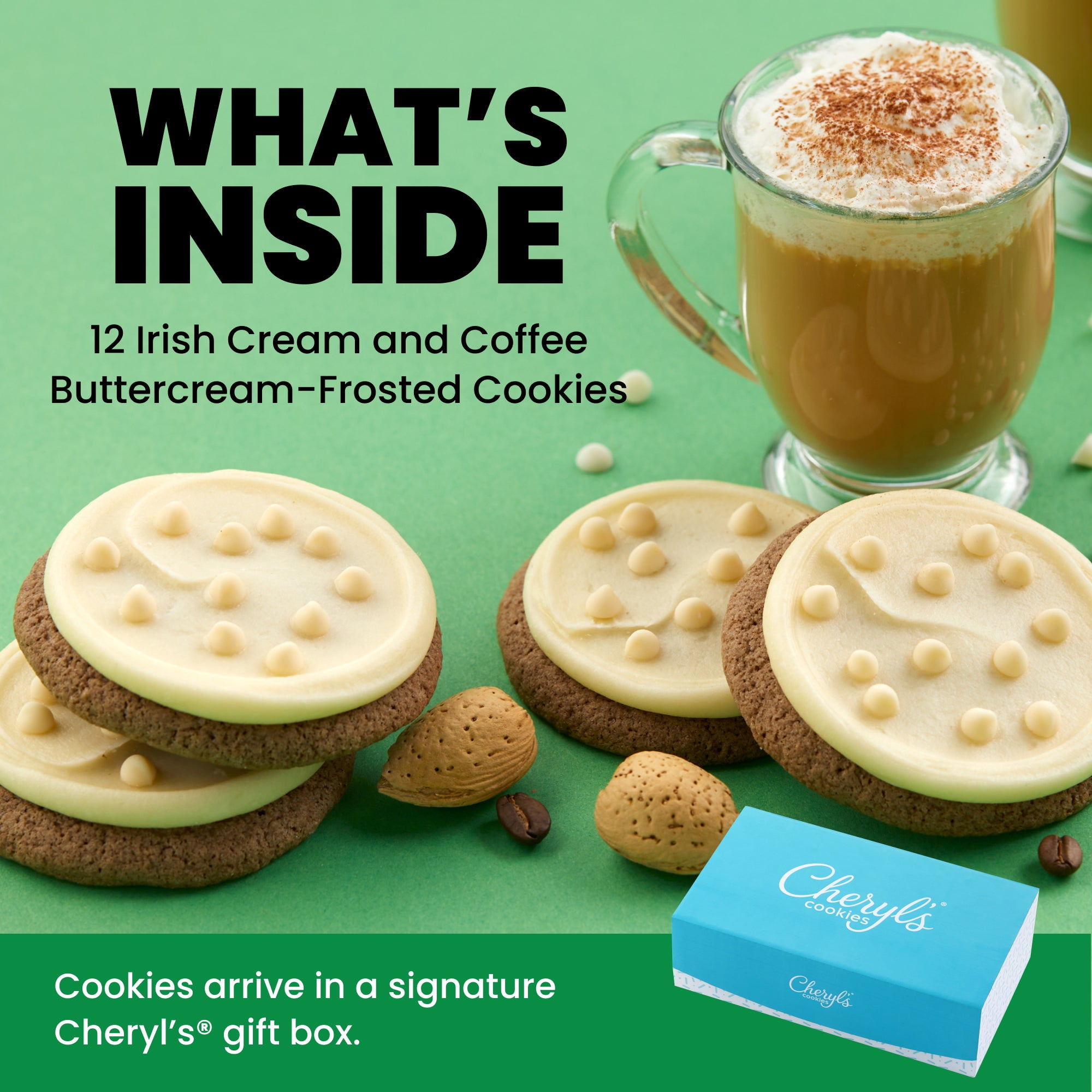 Cheryl's Cookies® Irish Cream and Coffee Buttercream-Frosted Cookie Flavor Box, 12 Cookies Individually Wrapped, Gourmet, & Fresh Delivery – St. Patrick's Day Gift for Loved Ones, Family,