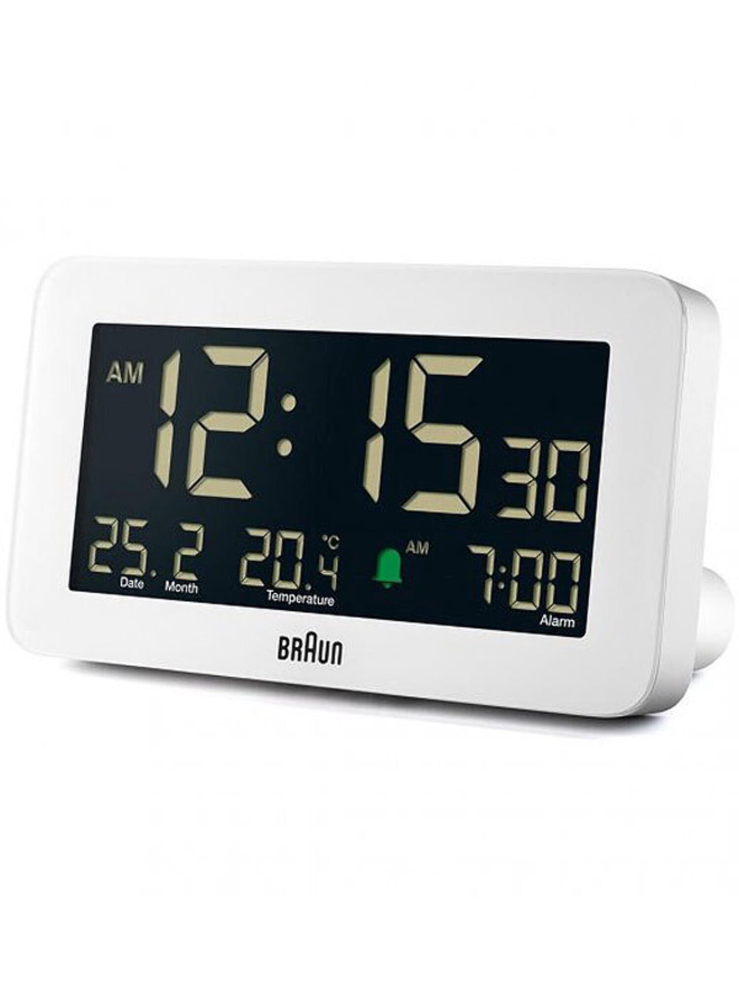 Braun Digital Alarm Clock with Date, Month and Temperature Displayed, Negative LCD Display, Quick Set, Crescendo Beep Alarm in White, model BC10W.