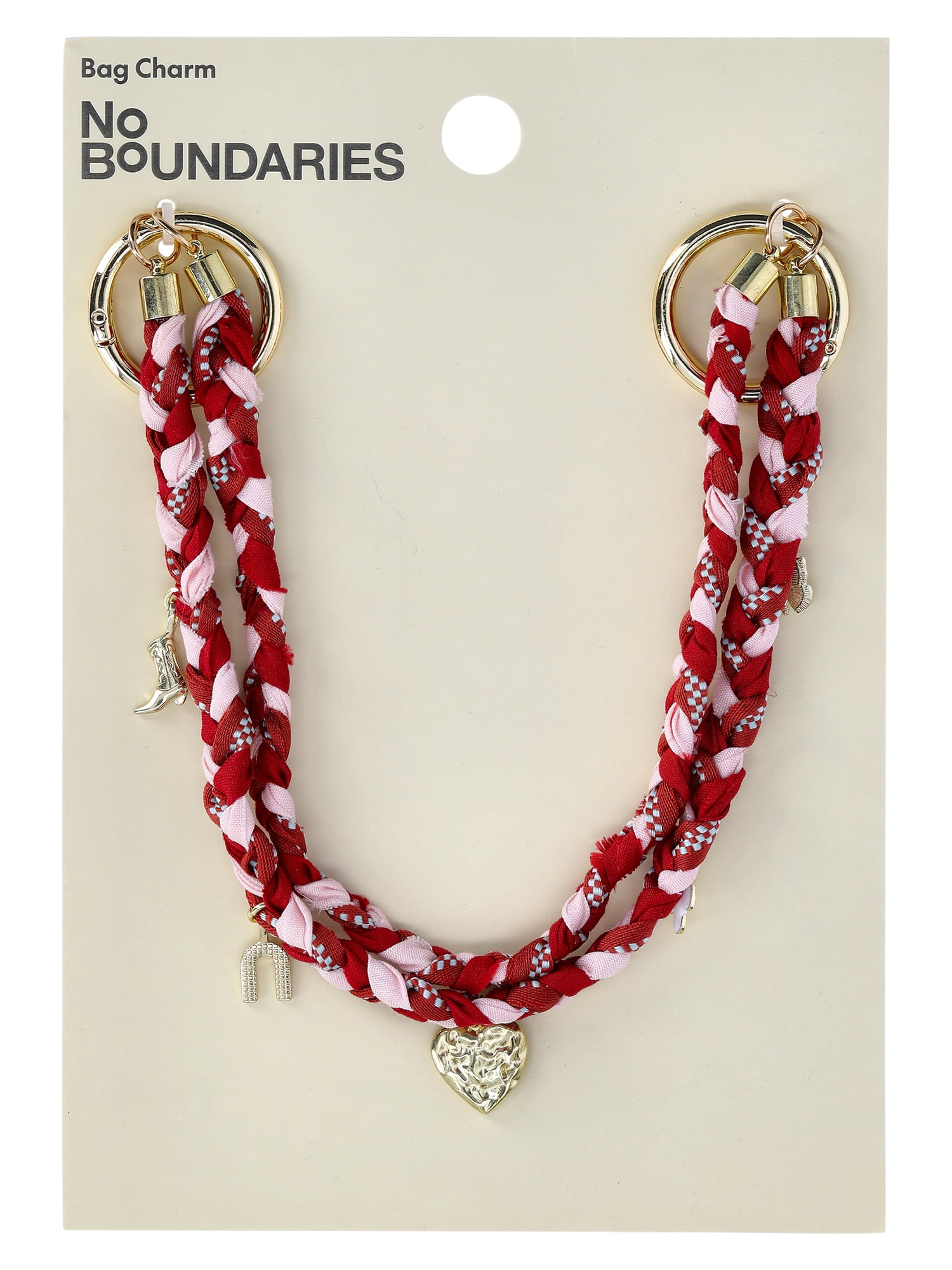 No Boundaries Women's Braided Cord Swag Chain Bag Charm, Pink and Red