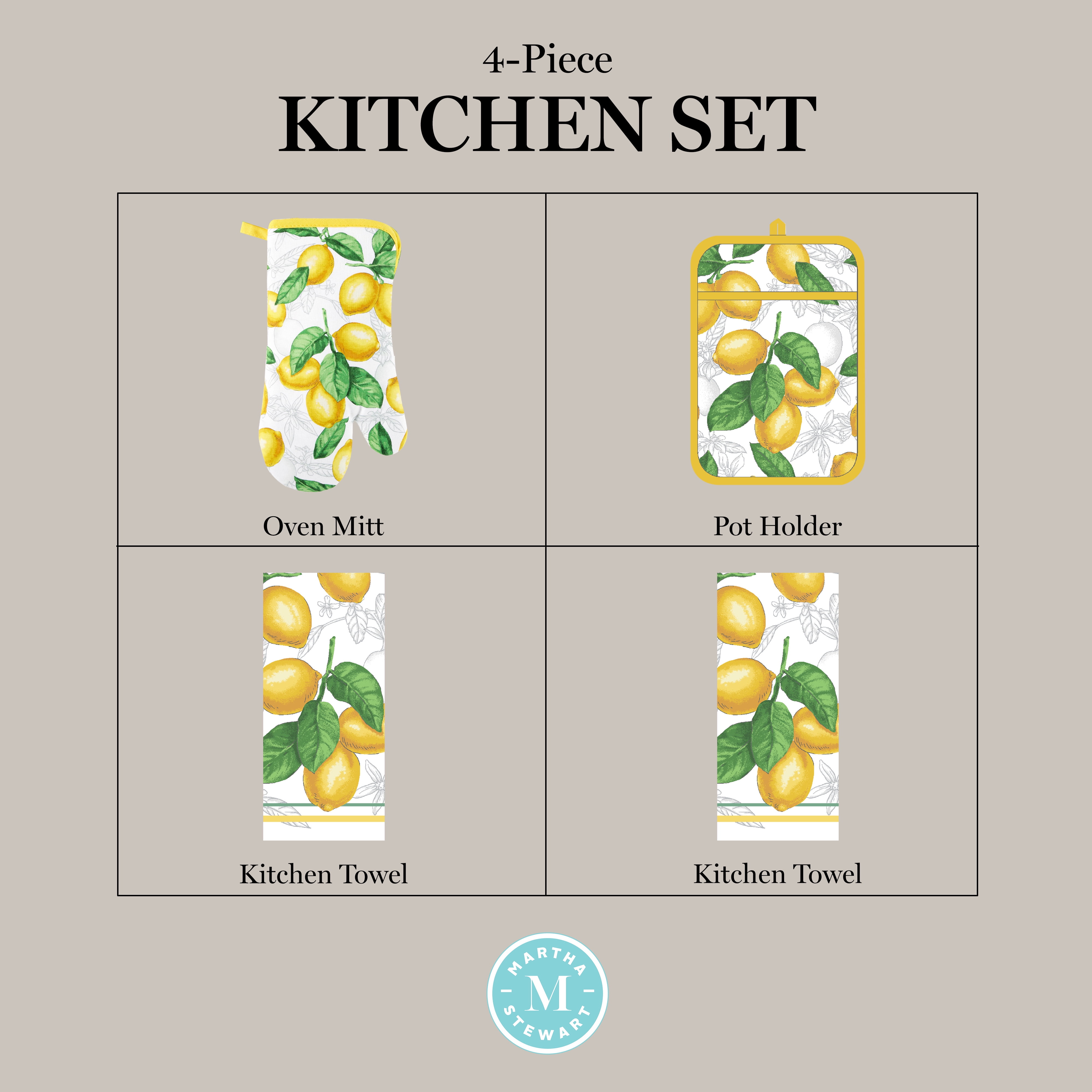 Martha Stewart Lots of Lemons Modern Kitchen Towel, Oven Mitt & Potholder Set 4-Pack, White-Yellow, 2KT: 16"x28", OM: 7"x13", PH: 7"x10"