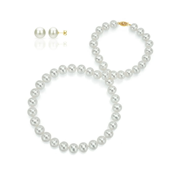 ADDURN 14Kt Yellow Gold Freshwater Pearl Necklace and Earring Set for Woman - AAA Quality - Variant Sizes Available.