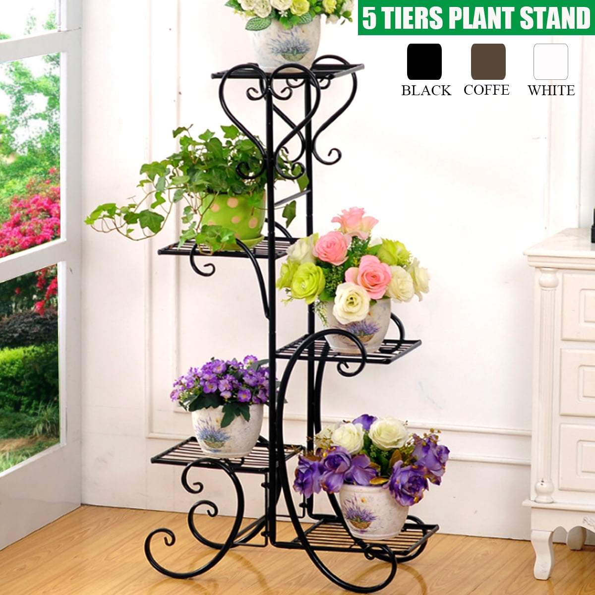 5 Tier Metal Plant Stand Flower Pot Holder Self Garden Patio Home Decor Coffee 