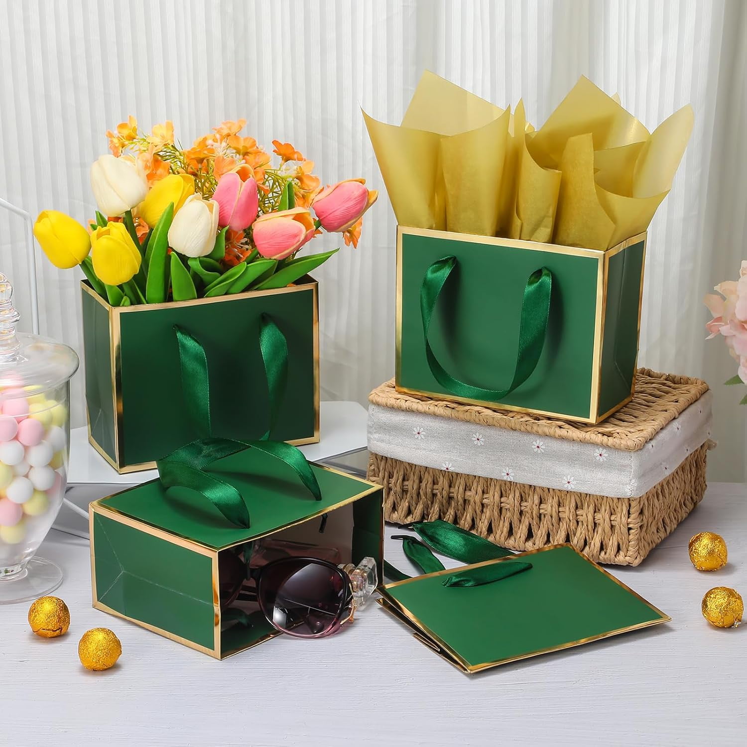 30 Pcs Small Metallic Foil Gift Bags with Handles, Green Gold Thank You Favor Bag with Tissue Paper for Back to School Baby Shower Wedding Mother's Day Christmas Party (6.4x3.1x5.1 Inch)