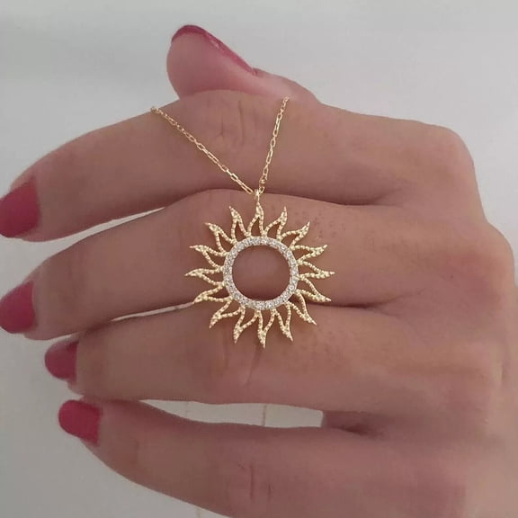 1.20Ct Simulated Diamond Sun Shape Pendant Chain 14K Yellow Gold Plated