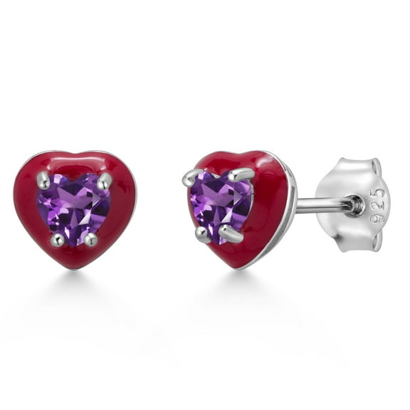 Gem Stone King 925 Sterling Silver Purple Amethyst Red Enamel Stud Earrings for Women Men (0.50 Cttw, Gemstone Birthstone, Heart Shape 4MM)